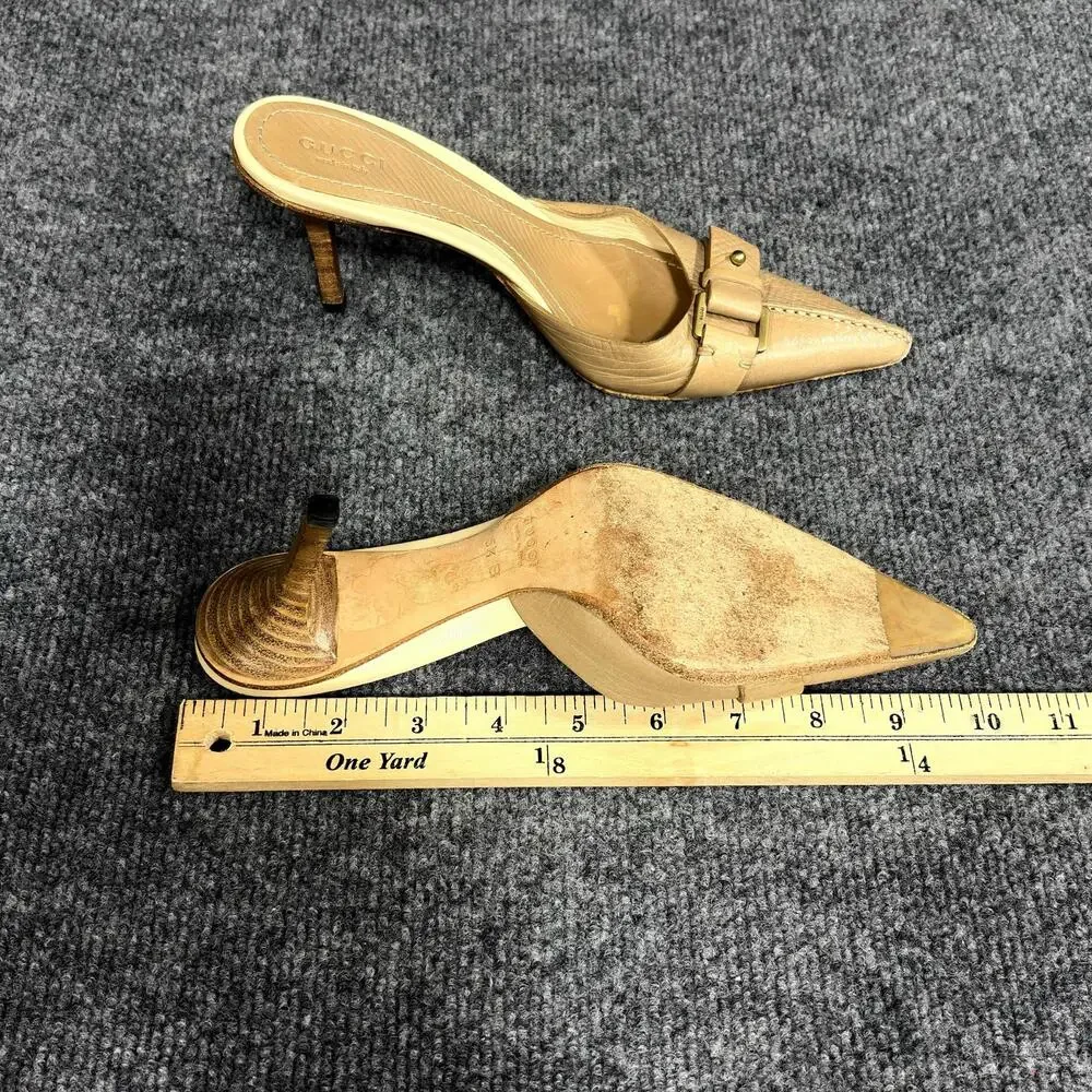 Gucci Shoes Womens 5.5 Beige Leather Pointed Toe Leather Mule Heels Buckle Italy